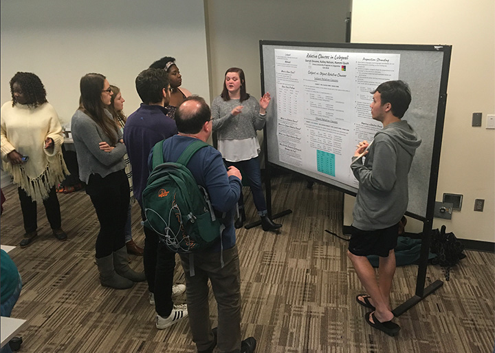 photo of students presenting their research on the Relative clauses in Lulogooli. Presented by Darrah Devane, Kailey Nelson, Rammi Quah. Photo includes poster, students and faculty.