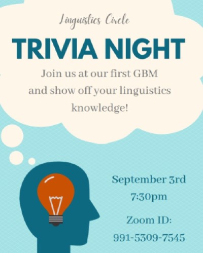 Linguistics Trivia Night. Thursday, September 3, 2020 at 7:30pm.  Zoom ID: 991-5309-7545