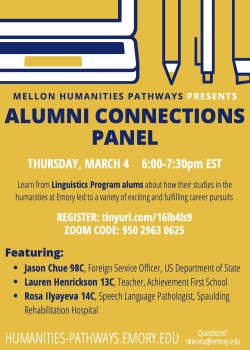 Learn from Linguistics Program alums about how their pursuits in the humanities at Emory led to a variety of exciting and fulfilling career pursuits. Presented by the Mellon Humanities Pathways initiative at Emory.